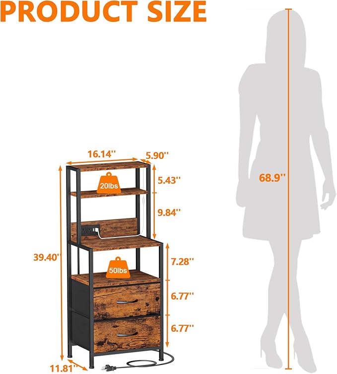 Furnulem Night Stand, Tall Nightstand with 4-Tier Shelves, 2 Fabric Drawers and Light Tube, Bed Side Tables with Charging Station, Bedside Table for Bedroom, Office, Rustic Brown
