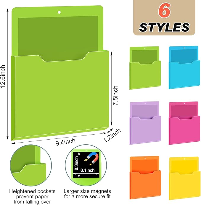 Fuutreo 6 Pcs Magnetic Wall File Organizer Magnetic Wall File Holder Refrigerator Magazine Holder for Mail Letters Paper(Bright Color,10 x 13 Inch,Vertical)