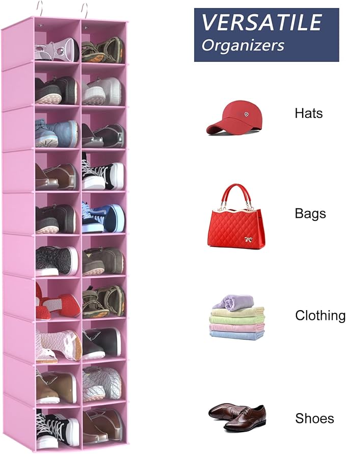 coastal rose Hanging Shoe Organizer for Closet, 20 Sections Hanging Closet Organizers and Storage Shelves, Space Saving Shoe Storage Rack Holder, Pink, 12''W×12''Dx 50''H-NeatNest