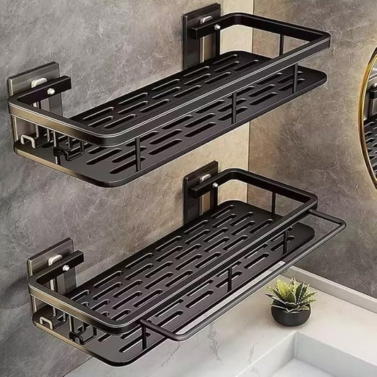 EVALAND Aluminum Shower Caddy, Adhesive Shower Shelves, 2-Pack with Hooks and Rod for Towels, No Drill Wall Mount Rustproof Premium Organizer for Bathroom, Kitchen, Black