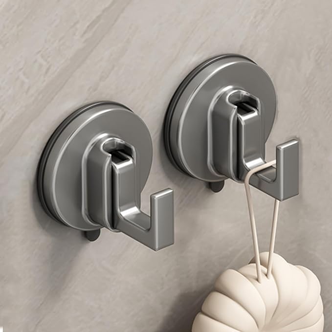 Aluminum Metal Heavy-Duty Suction Cup Bathroom Towel Hook Door Mounted Clothes Hook Wardrobe Sticky Hook no Drilling no Damage to The Wood Board Removable (Grey 2 Pack)