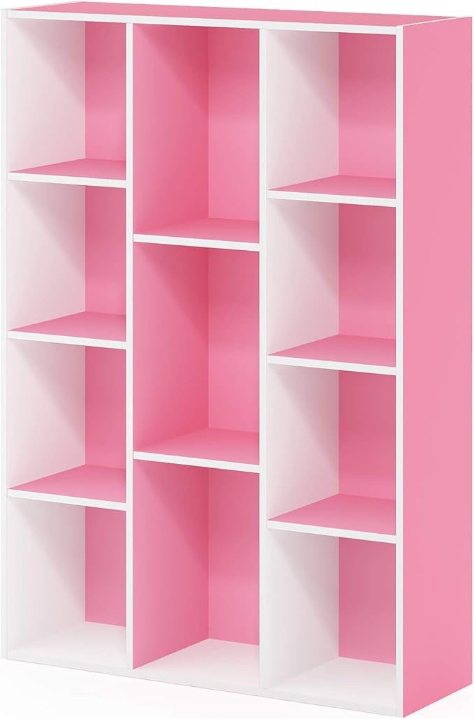 Furinno Luder Bookcase / Book / Storage , 11-Cube, White/Pink-NeatNest