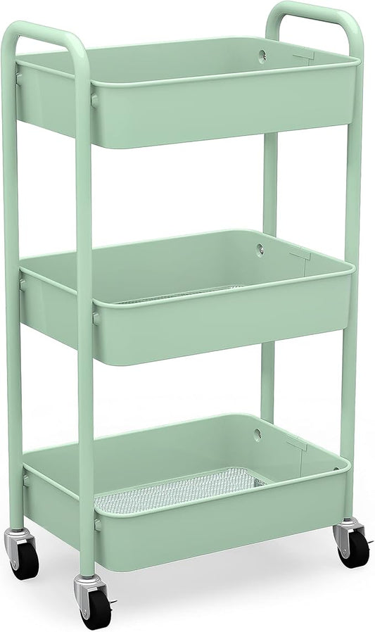 CAXXA 3-Tier Rolling Metal Storage Organizer - Mobile Utility Cart, Kitchen Cart with Caster Wheels (Aqua Green)-NeatNest