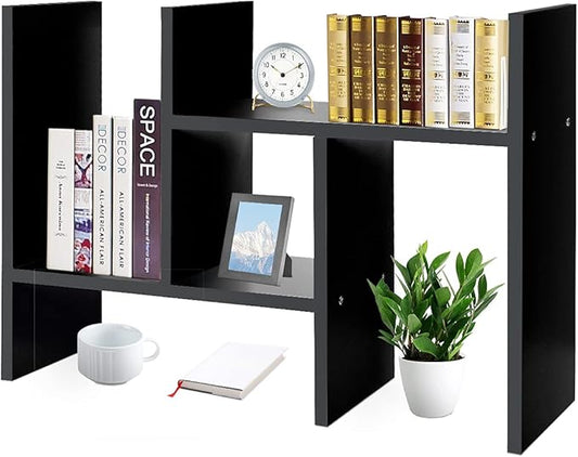 J.M.Deco Desktop Organizers and Storage for Office, Adjustable Desktop Organizer Shelf Double H Display, True Natural Stand Shelf, Black-NeatNest