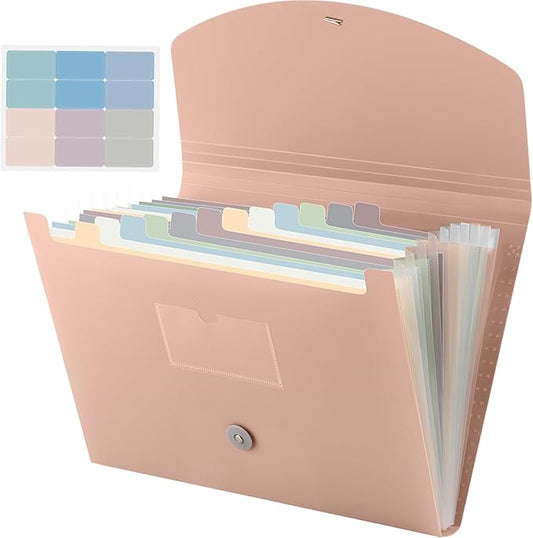 Cholemy Expanding File Folder 13 Pockets File Organizer with Labels A4 Letter Size Receipt Document Organizer Plastic Expandable Filing Folders for Office, Home(Pink)