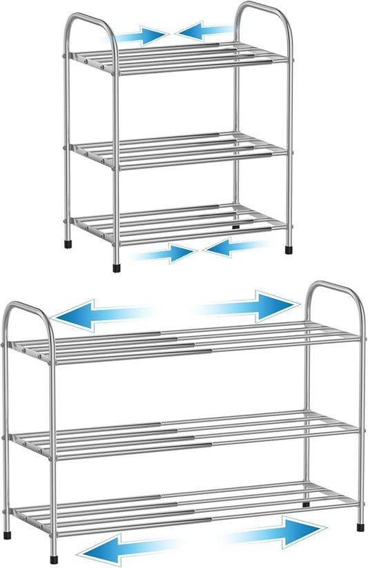 3 Tier Expandable Shoe Rack for Closet, Stainless Steel Shoe Shelf, Strong Weight Capacity Shoes Organizer, Easy to Install and Saving Space Standing Shelf with Sturdy Frame(3 Tier)-NeatNest