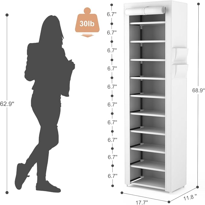 VTRIN Vertical Narrow Shoe Rack Organizer Tall Shoe Rack for Closet Entryway 10 Tier Non-Woven Cover Shoe Shelf Holds 20-22 Pairs Free Standing Shoe Storage Cabinet with Dustproof Cover, White-NeatNest