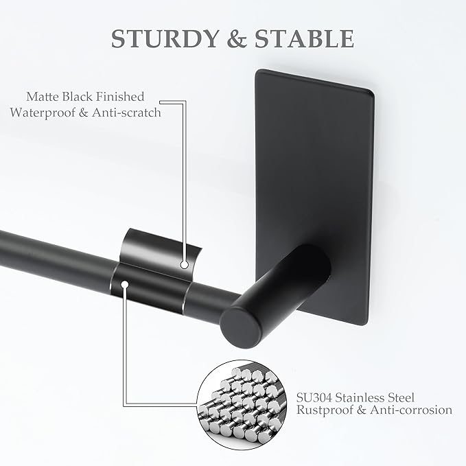 Alise Towel Racks for Bathroom, 24 Inch SUS 304 Stainless Steel Adhesive Towel Bar No Drill, Strong Adhesion Matte Black Towel Rack, Rustproof Bath Towel Holder