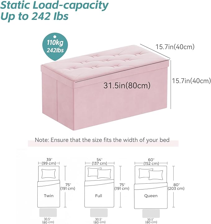 BRIAN & DANY Folding Storage Ottoman Bench, Ottoman with Storage, Foot Rest, Benches Seat for Bedroom, Living Room, Entryway, Long Shoes Bench, 15.7" x 31.5" x 15.7" Pink-NeatNest