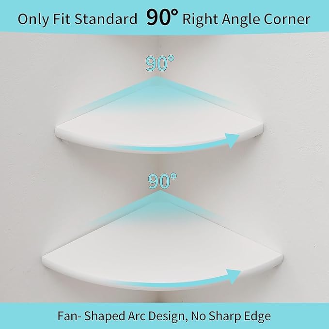 Corner Wall Shelves, White Floating Corner Shelf, Set of 2 16inch Solid Oak Wood Shelves, Round End Wall Mount Display Shelf with Wire Hole for Small Plant for Bedroom Kitchen, Living Room-NeatNest