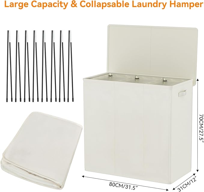 WOWLIVE 180L Laundry Hamper with Lid 3 Section,Large Laundry Basket with Removable Bags and Handles,Collapsible Dirty Clothes Hampers for Laundry,Laundry Basket Organizer for Laundry Room,Dorm,Beige-NeatNest