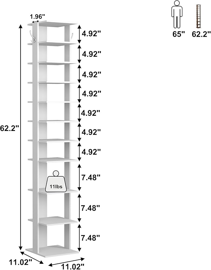 HOMEFORT 10-Tier Vertical Shoe Rack, Corner Shoe Tower, Slim Shoe Organizer with Two Hanging Hooks, Wooden Shoe Storage Stand for Entryway, Hallway, Closet (White)-NeatNest