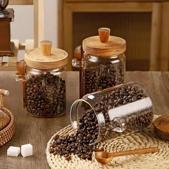 Glass Jar with Wooden Lid & Spoon, 27oz Food Storage Containers Coffee Jar Coffee Grounds Container, Glass Food Storage Canister (1 Pack)