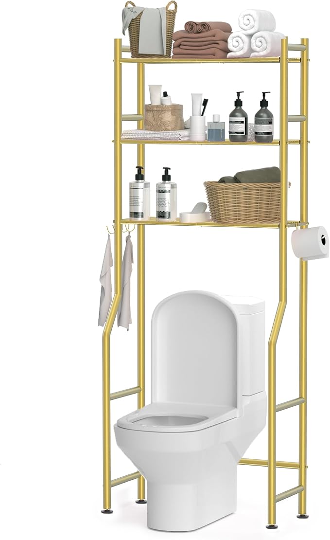 3 Tier Over The Toilet Storage Rack with 2 Basket, Metal Freestanding Bathroom Shelves Toilet with Paper Holder and 4 Hooks, Over Toilet Storage Shelf for Bathroom Storage, Glod-NeatNest