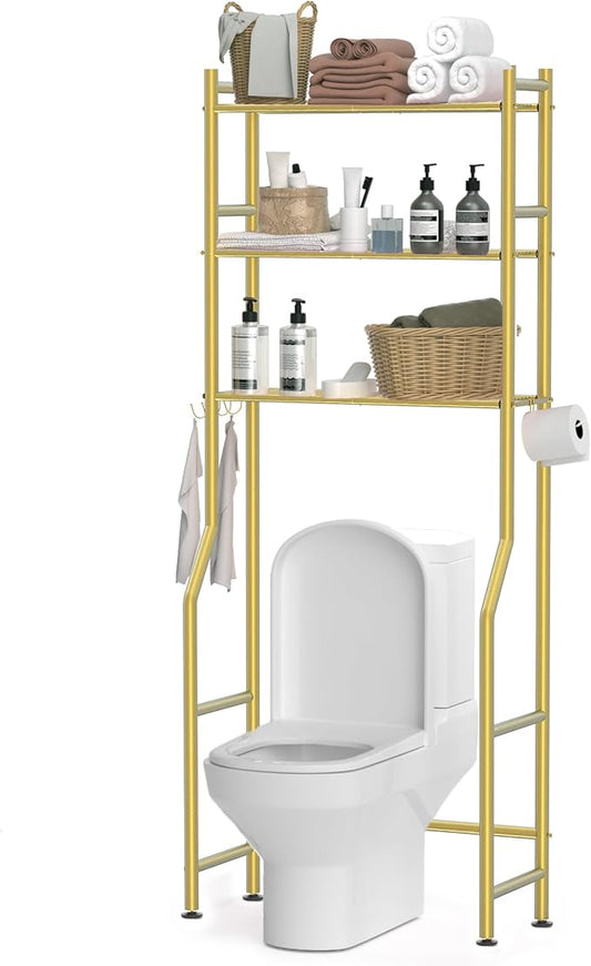 3 Tier Over The Toilet Storage Rack with 2 Basket, Metal Freestanding Bathroom Shelves Toilet with Paper Holder and 4 Hooks, Over Toilet Storage Shelf for Bathroom Storage, Glod-NeatNest