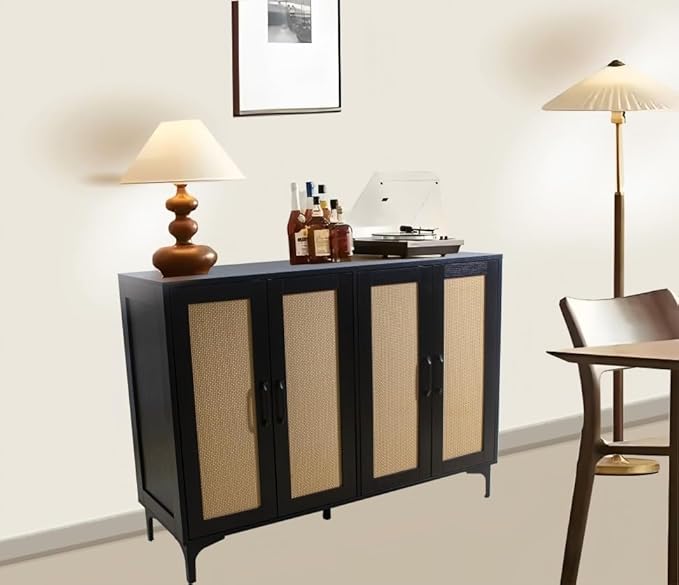 Buffet Sideboard, Side Storage Cabinet, entryway Cabinet, Buffet Sideboard with Rattan, Featuring 4 Doors and Adjustable Shelves, Suitable for Living Room (Black)-NeatNest