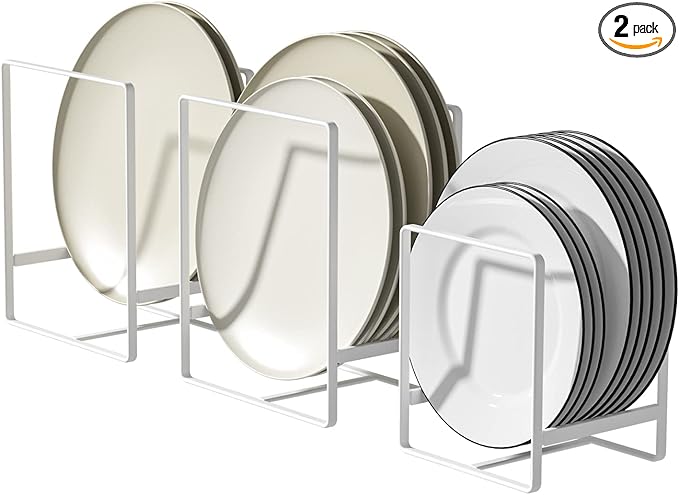 2 Large 1 Small Plate Organizers Holders Upright Cabinet Dish Drying Racks Metal Plate Dish Organizers Racks Stands for Countertop and Cupboard White