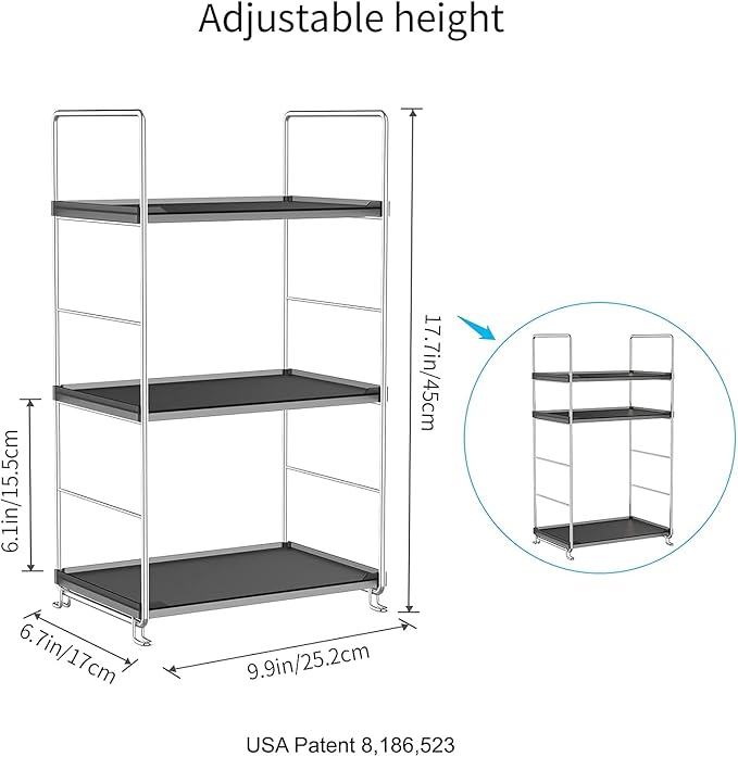 3-Tier Bathroom Countertop Organizer -Makeup Organizer -Corner Storage Shelf- Kitchen Spice Rack Standing Shelf-Great for Vanity, Bathroom, Bedroom, Kitchen (Silver&Black)-NeatNest
