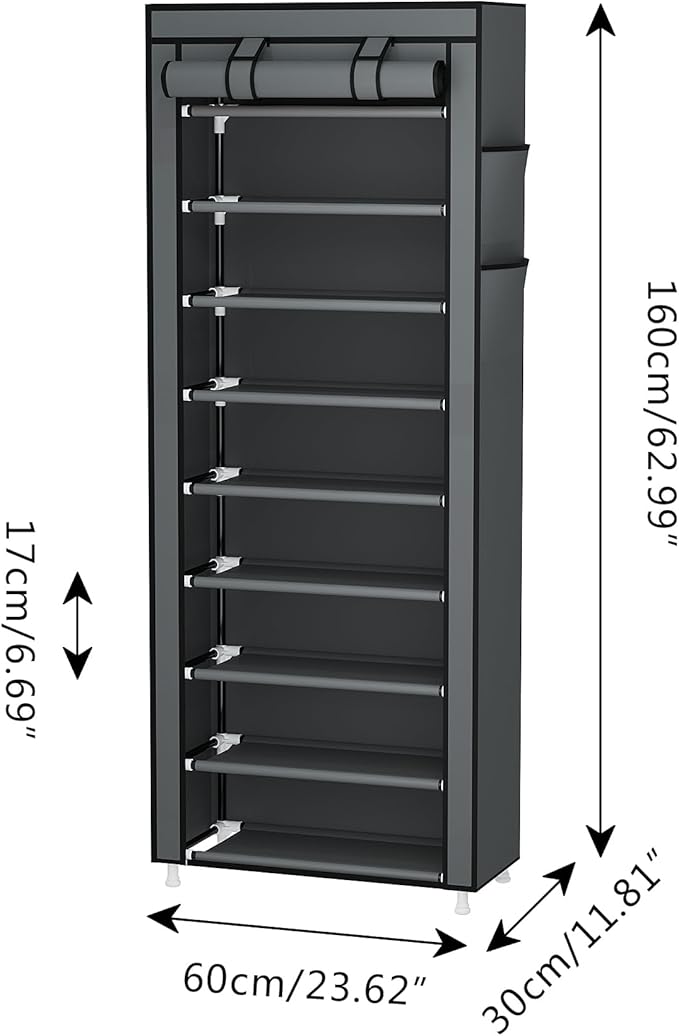 Calmootey 9 Tier Shoe Rack Organizer,Portable Shoe Shelf with Nonwoven Fabric Cover for Closet Hallway,Bedroom,Entryway,Grey-NeatNest