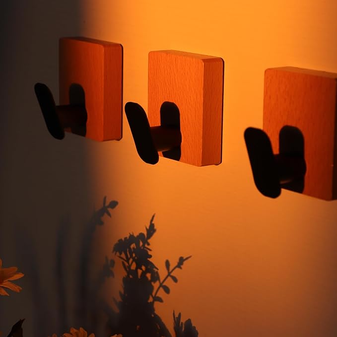 DELITON Towel Hooks Wall Mounted - Adhesive Bathroom Coat Hooks for Hanging Robes Clothes Light Brown, Black Solid Wood Beech Wall Hook 4 Packs-NeatNest