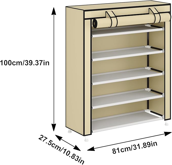 Laiensia 5-Tier Vertical Shoe Rack Organizer, Space Saving Shoe Storage Organizer, Non-Woven Cover Shoe Shelf Holds 20-25Pairs for Bedroom, Hallway, Closet Entryway, Beige-NeatNest