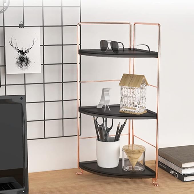 3-Tier Bathroom Countertop Organizer, Vanity Tray Cosmetic & Makeup Storage, Kitchen Spice Rack Standing Shelf, Corner Storage Shelf, Black & Rose Gold-NeatNest