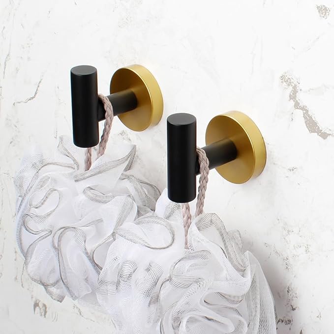 Stainless Steel Towel Coat Hooks Bathroom Clothes Garage Hotel Robe Hook Wall Mounted Bath Door Hanger 2 Pack Black & Gold