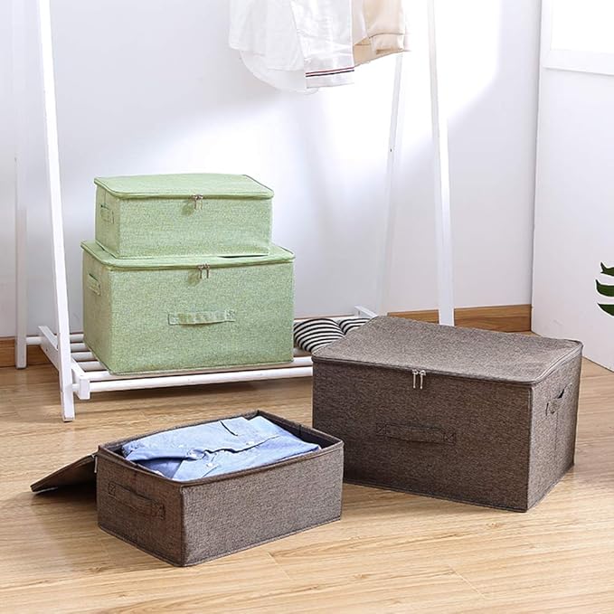 ANMINY 2PCS Storage Bins with Zipper Lids 13 Qt Lidded Fabric Storage Boxes Baskets Cubes with Handles Collapsible Washable Cotton Linen Closet Shelf Clothes Organizer Containers - Coffee, Small-NeatNest