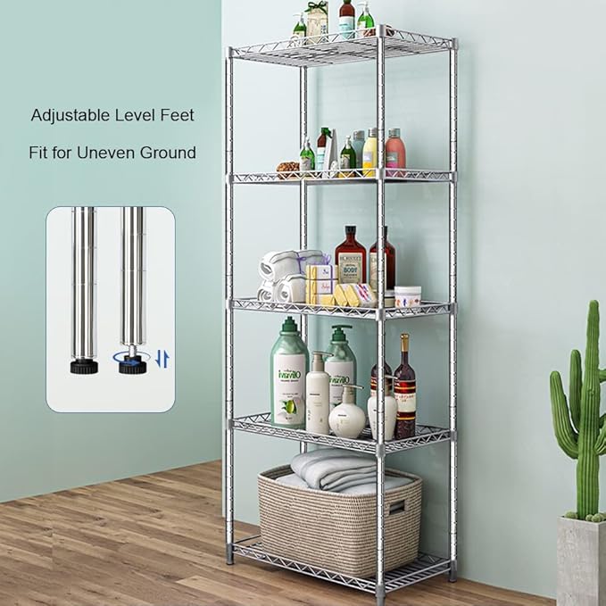 5 Tier Narrow Wire Shelving Unit with NSF Certified, Adjustable Metal Shelf, Tall Storage Shelves for Small Spaces, Laundry, Bathroom, Kitchen, Pantry, 18"D X 21.5"W X 71"H, Chrome