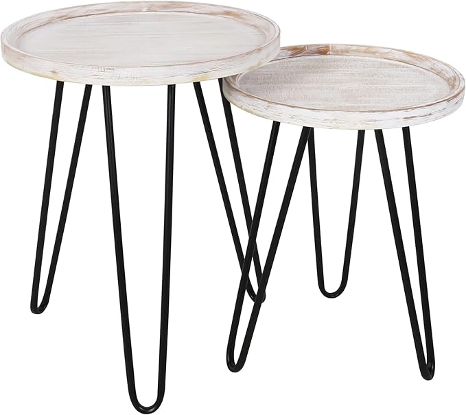 Oakrain Nesting Tables for Living Room, Round Nesting Coffee Table, Farmhouse End Tables Living Room, Bedroom, Small Coffee Table (Distressed White)