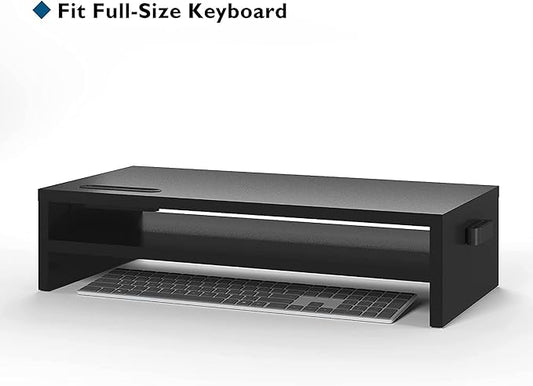 BONTEC Wood Monitor Stand Riser, 2-Tier Desktop Organizer with Storage, Ergonomic Computer Stand for Desk, Cable Management, Cellphone Holder, 21.3 Inch Shelf, Black-NeatNest