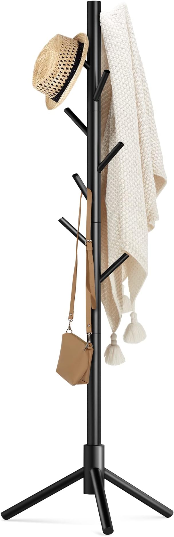 Haddockway Wooden Coat Rack Stand with 8 Hooks New Zealand Pine 3 Adjustable Coat Standing Tree Easy Assembly for Coats, Hats, Scarves and Handbags for Entryway, Hallway, Bedroom, Office-NeatNest