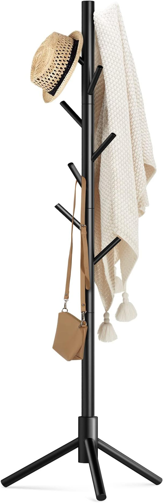 Haddockway Wooden Coat Rack Stand with 8 Hooks New Zealand Pine 3 Adjustable Coat Standing Tree Easy Assembly for Coats, Hats, Scarves and Handbags for Entryway, Hallway, Bedroom, Office-NeatNest