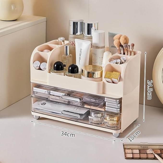 Makeup Organizer with 2 Drawers, Cosmetic Display Case, Storage Holder for Vanity, Bathroom Counter, Desk, Beauty Supplies (Cream)