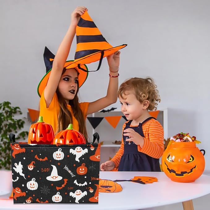 CLOCOR Rectangular Storage Basket,Collapsible Fabric Storage Container,Waterproof Toy Bin with Handles,Gift Basket(Black Halloween)-NeatNest