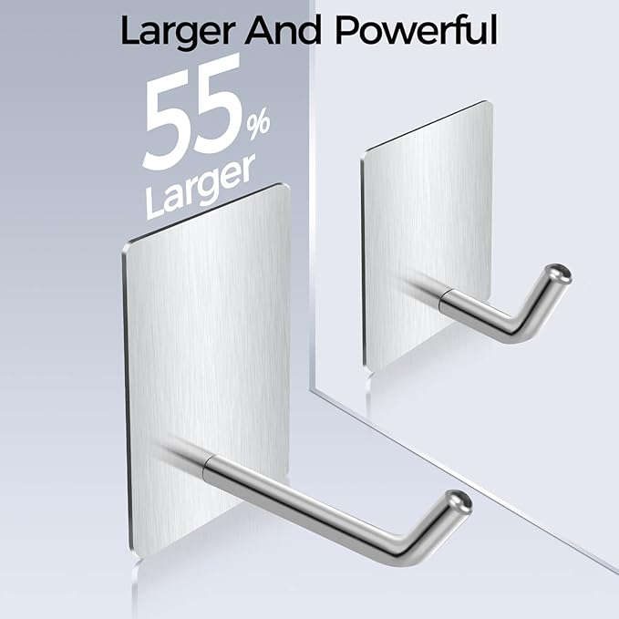 Adhesive Hooks Heavy Duty, Long Stainless Steel Self Adhesive Wall Hook, Sticky Towel Hangers for Kitchen Bathroom, Waterproof Stick on Door Hooks for Hanging Key Hat Coat