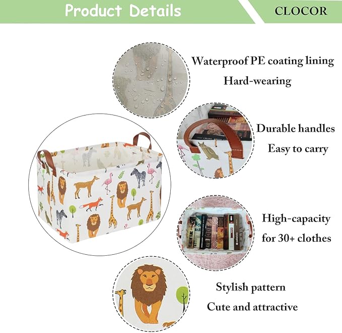 CLOCOR Rectangular Storage Basket,Collapsible Woodland Jungle Forest Printed Storage Bin,Rectangular Waterproof Gift Box with Handles,Playroom Decor(Jungle Animals)-NeatNest