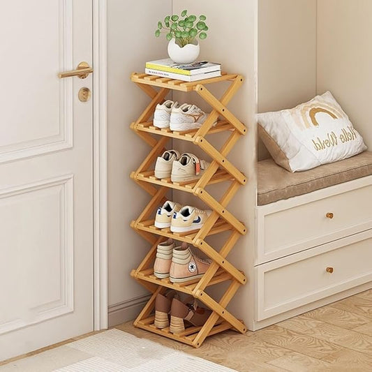Shoe Rack, Bamboo Foldable Shoes Organizer Free Standing Shelf for Entryway, Closet, Bedroom, Hallway, | Natural | Functional | Multifunctional Shoe Rack (Wood Color) 6 Layers-NeatNest