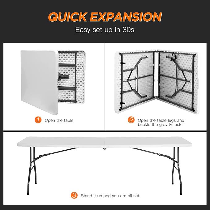 BestOffice 8FT Picnic Table Folding Table Camping Table Plastic Table Fold Up Table Lock for Party Event,White-NeatNest