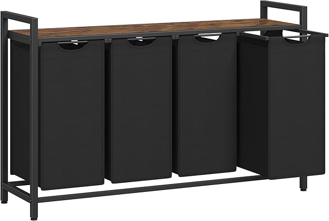 VASAGLE Laundry Hamper, Laundry Basket, Laundry Sorter with 4 Pull-Out and Removable Bags, Shelf, Metal Frame, 4 x 10.6 Gallons (40 L), 45.7 x 13 x 28.4 Inches, Ink Black and Rustic Brown UBLH401B01-NeatNest