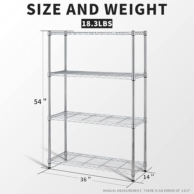 4 Tier Wire Shelving Unit Storage Shelves Shelf Organizer 54"x36"x14" Heavy Duty Metal Storage Rack Wire Rack NSF Height Adjustable for Laundry Bathroom Kitchen Garage Shelving (Chrome)