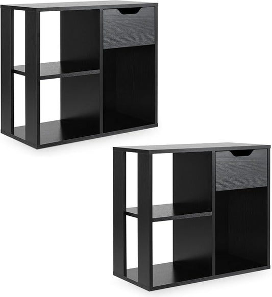 Giantex 3 Cube Bookcase with Drawer Set of 2, 2 Tier Bookshelf for Small Spaces, Modern Freestanding Display Rack with Open Shelves, Book Case, Wood Cube Storage Organizer Bedroom Living Room, Black