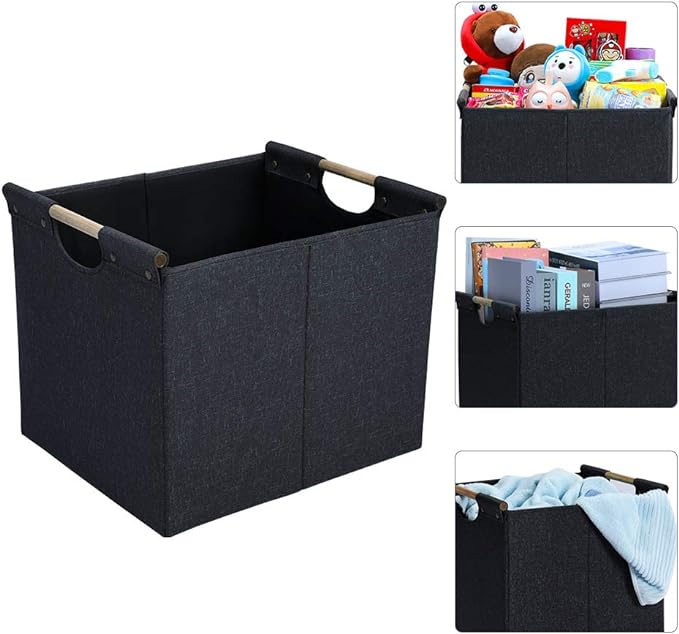 HOONEX Large Collapsible Storage Bins, Linen Fabric, 2 Pack, Storage Baskets with Wooden Carry Handles and Sturdy Heavy Cardboard, for Home, Office, Car, Nursery, Dark Grey