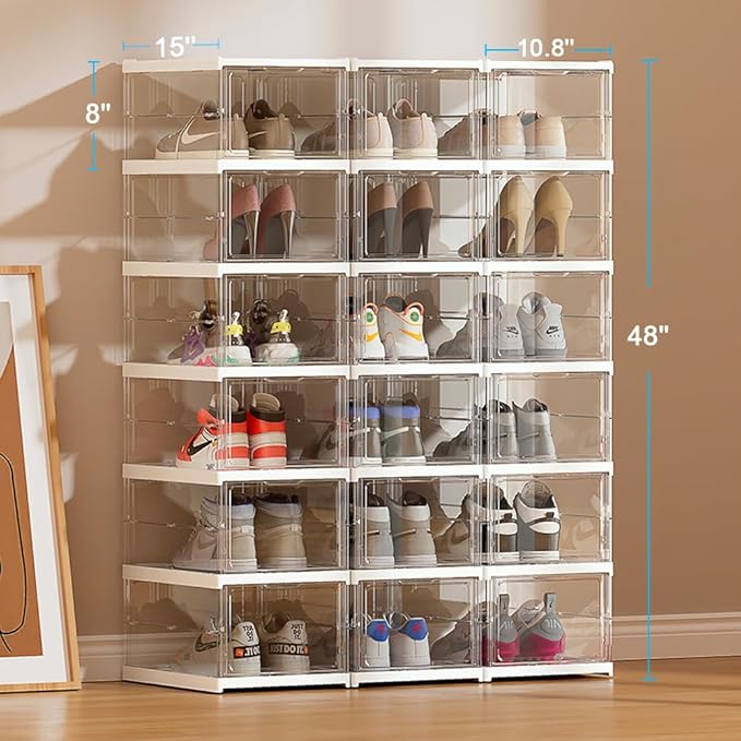 Foldable Shoe Rack Clear Collapsible Storage Box Size up to 16, Free Standing Bins Stackable Plastic with Lids Organizing Dustproof 6-Tiers-NeatNest