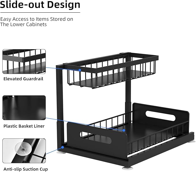 2-Tier Under Sink Slide Out Organizer, Pull Out Cabinet Storage Shelf with Sliding Wire Basket Drawer for Bathroom Kitchen, Countertop or Pantry Shelf, Black-NeatNest
