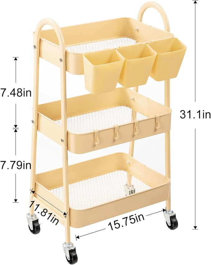 danpinera 3-Tier Rolling Cart, Metal Rolling Storage Cart with Lockable Wheels & Hanging Cups & Hooks, Mobile Trolley for Kitchen, Bathroom, Office, Workshop, Yellow-NeatNest