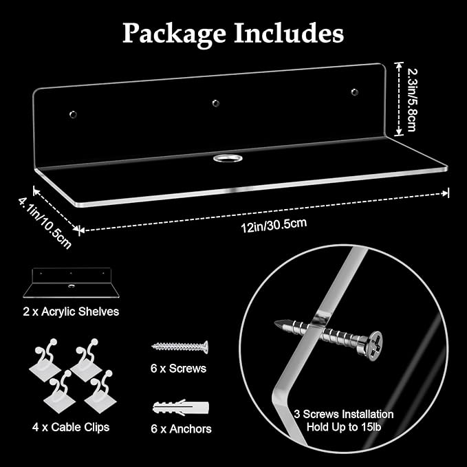12" Clear Acrylic Floating Shelves, 2 Pack Wall Shelf with Cable Clips, Small Floating Shelf for Expand Wall Display Space for Living Room, Bathroom, Gaming Room, Dorm Wall Decor-NeatNest