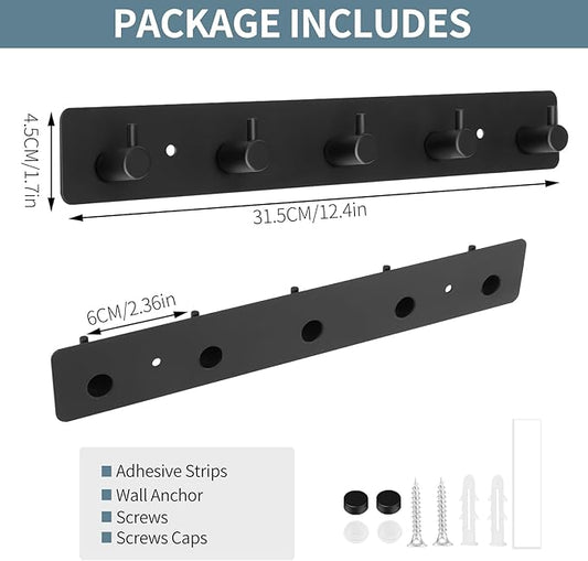 Coat Rack Wall Mount, Black Coat Hooks with 5 Hooks Heavy Duty Metal Towel Hook Rail Adhesive & Screw in Door Hooks Hanger Organizer Wall for Towels, Clothes, Hat-NeatNest