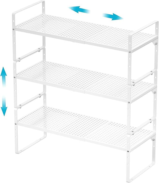 iPEGTOP 3 Pack Large Expandable Cabinet Storage Shelf, Heavy Duty Stackable Steel Metal Spice Rack Adjustable Height Home Office Pantry Garage Shelves for Counter Kitchen Organization, White-NeatNest