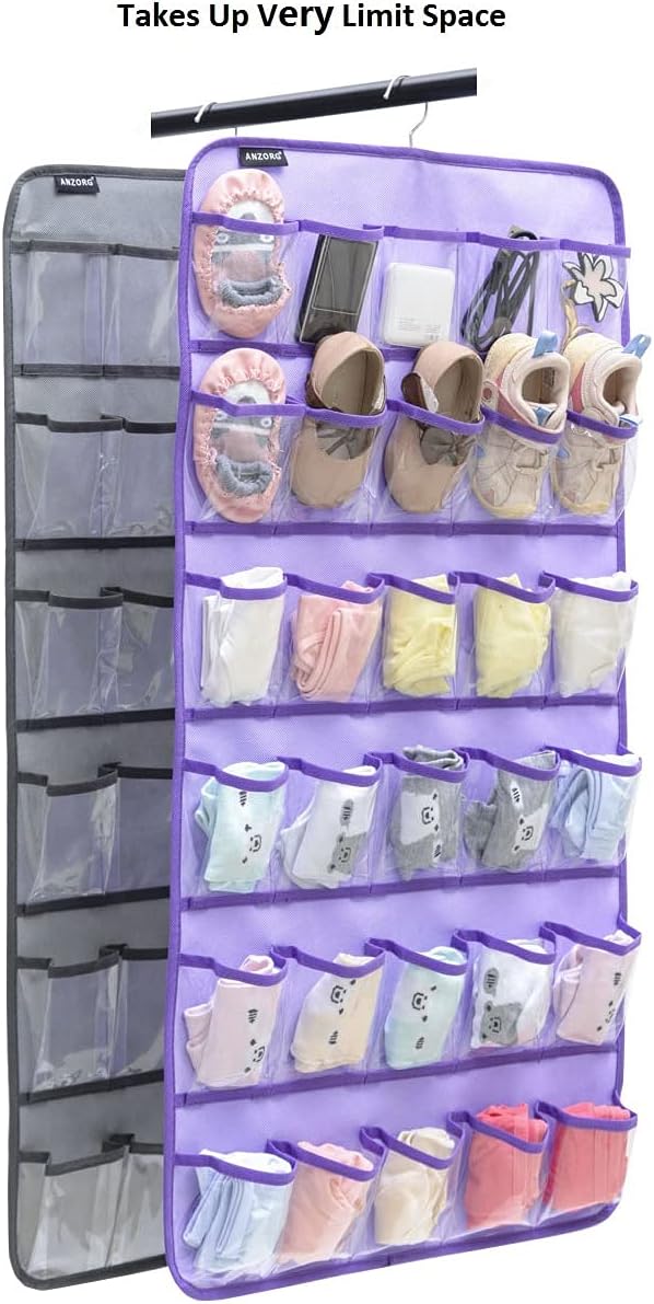 Hanging Baby Shoes Organizer Baby Headband Holder Closet Organizer for Baby Bow Socks Underwear with 30 Clear Pockets (PURPLE)-NeatNest